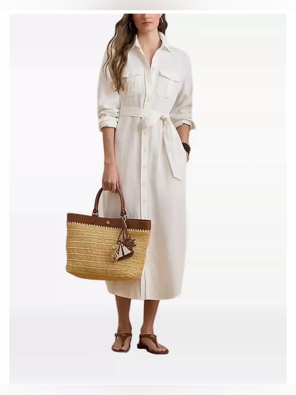 NWT Lauren Ralph Lauren Cream Linen Shirt Dress with Tie Waist Size 12